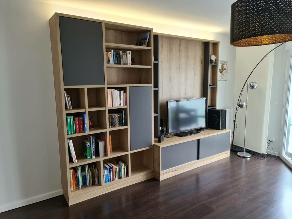 Conception d&rsquo;un salon sur mesure à Saint-Loubès | Réalisation Bibliothèque Meuble TV